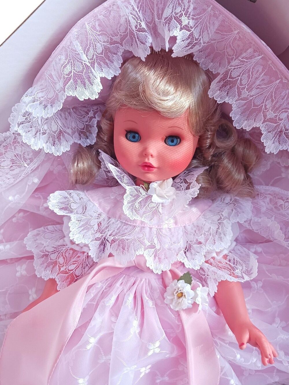 Vtg 1960's Furga 32057 Rossella 18" Girl Doll Pink & White Lace Dress Italy NRFB